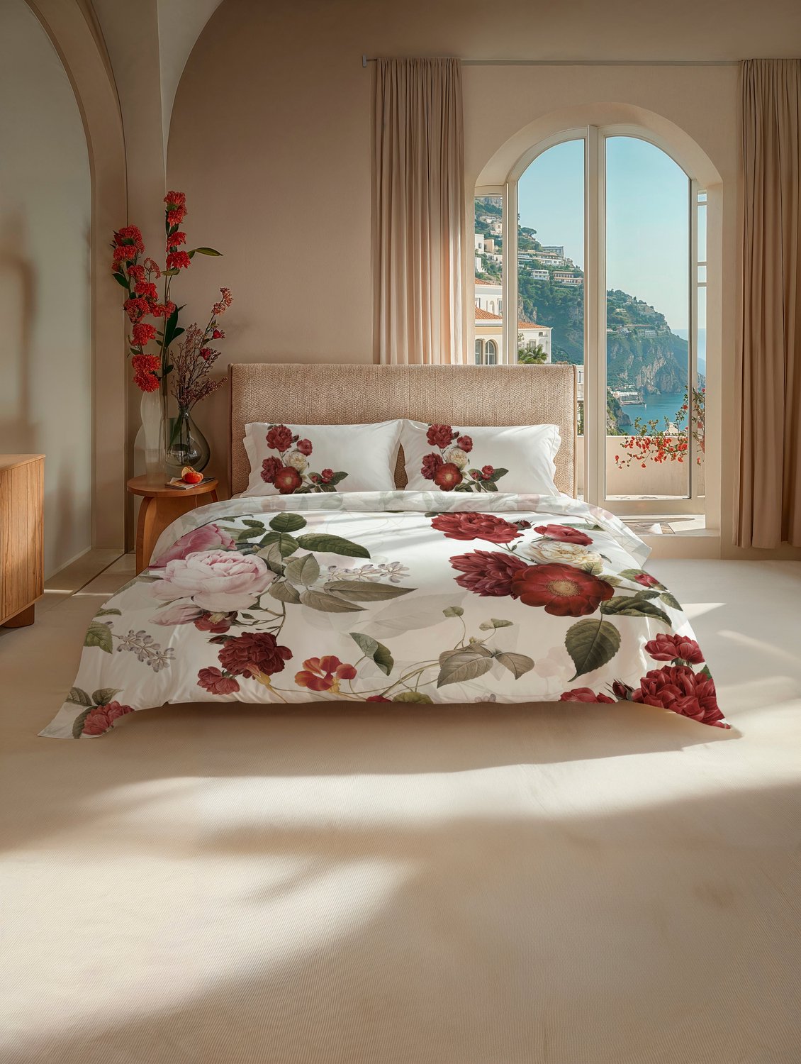Heckettlane Dekbedovertrek Katoen Sogno - Wit - 100% Katoen - Bloemen - Dekbedovertrek 260x200-220 cm - Lits-Jumeaux XL - Positano Sogno White