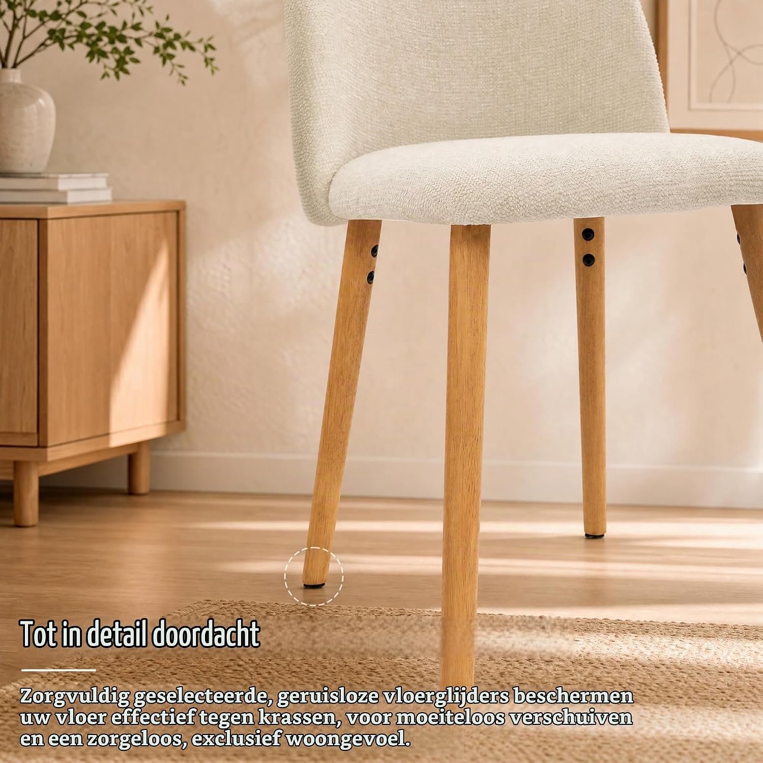 Lunara Crème Chenille Eetkamerstoelen Set van 4 – Ergonomische Gestoffeerde Keukenstoelen met Massief Houten Poten, Zachte Bekleding, Comfortabele Rugleuning, 150 kg Draagvermogen