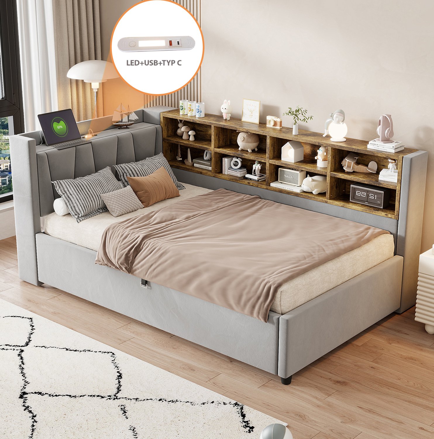 STILVORA Gestoffeerd Bed 90x200 cm – Slaapbank met Nachtlamp en Oplaadaansluitingen – Hydraulische Opbergruimte – Fluweel – Zonder Matras – Grijs Lichtgrijs