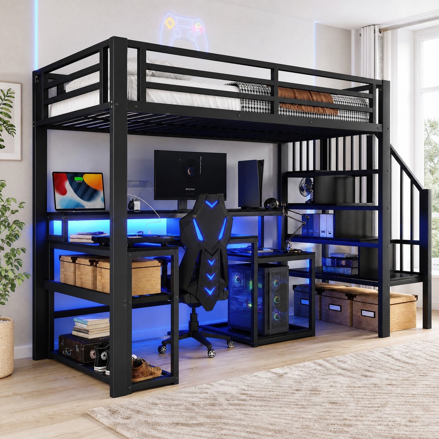WUVRIE Hoogslaper 90x200 cm - Met bureau, opbergtrap en veiligheidshek - LED en USB - Zwart
