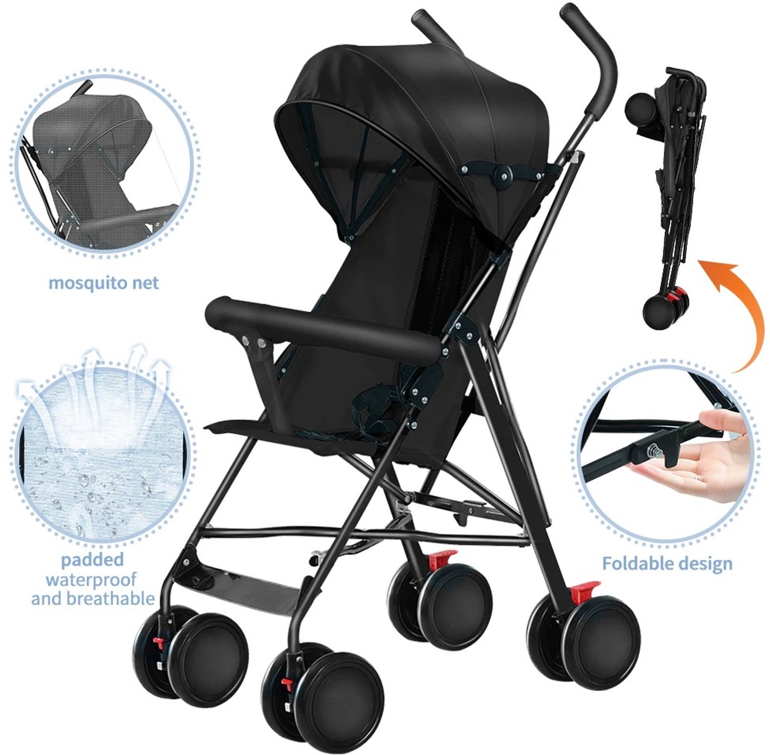 Velmio Luxe Buggy - Kinderwagen - Opvouwbare Kinderwagen - Lichtgewicht - Met Klamboe - Voor Kinderen tot 4 Jaar - Zwart
