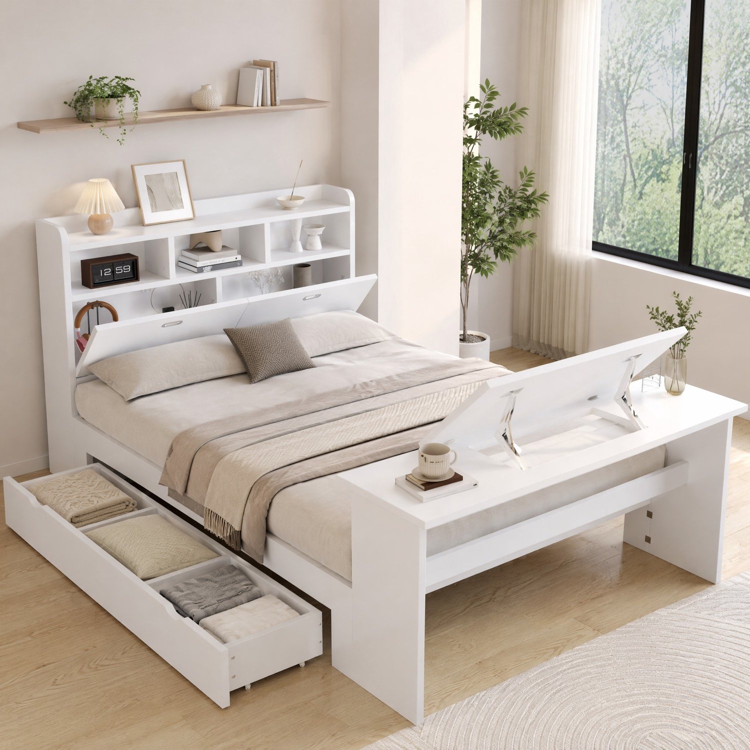 WUVRIE Bed 140x200 cm - Met opberglade, hoofdbord met opbergruimte en inklapbare tafel - Wit