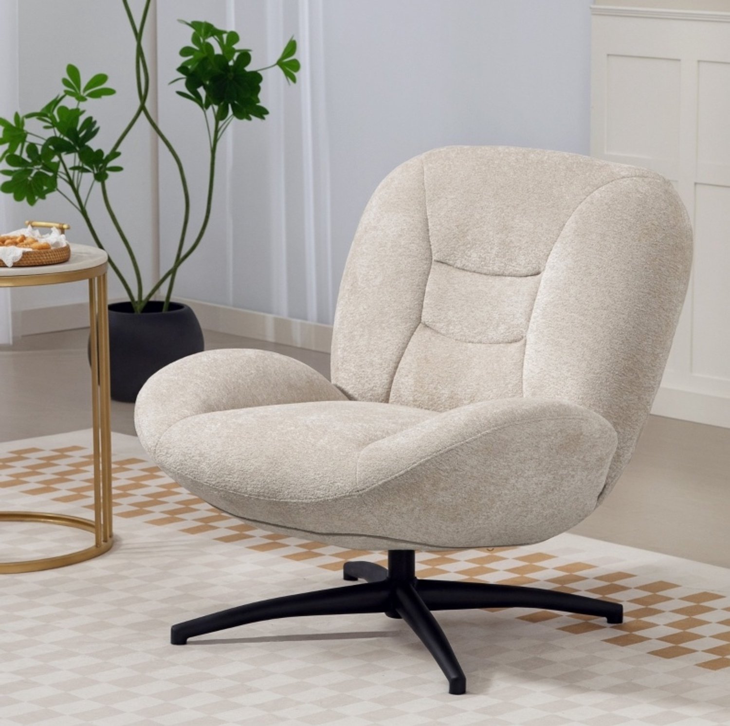 CHICFURN Fauteuil - 360 graden draaibaar - Stalen onderstel - Crèmewit
