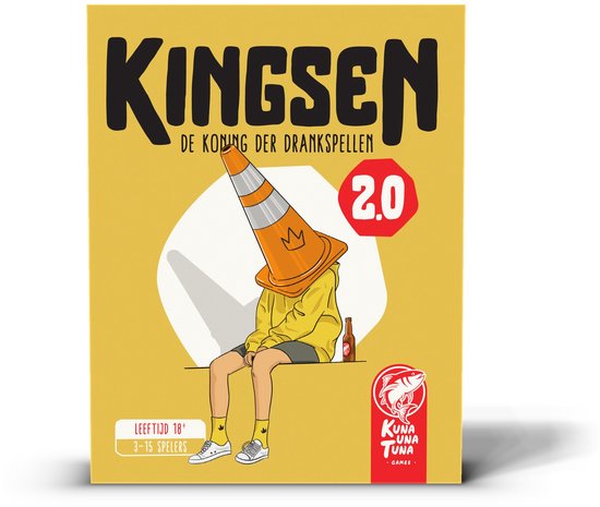 Voorkant van de gele Kingsen 2.0 speldoos met een illustratie van een persoon met een pion als hoofd.