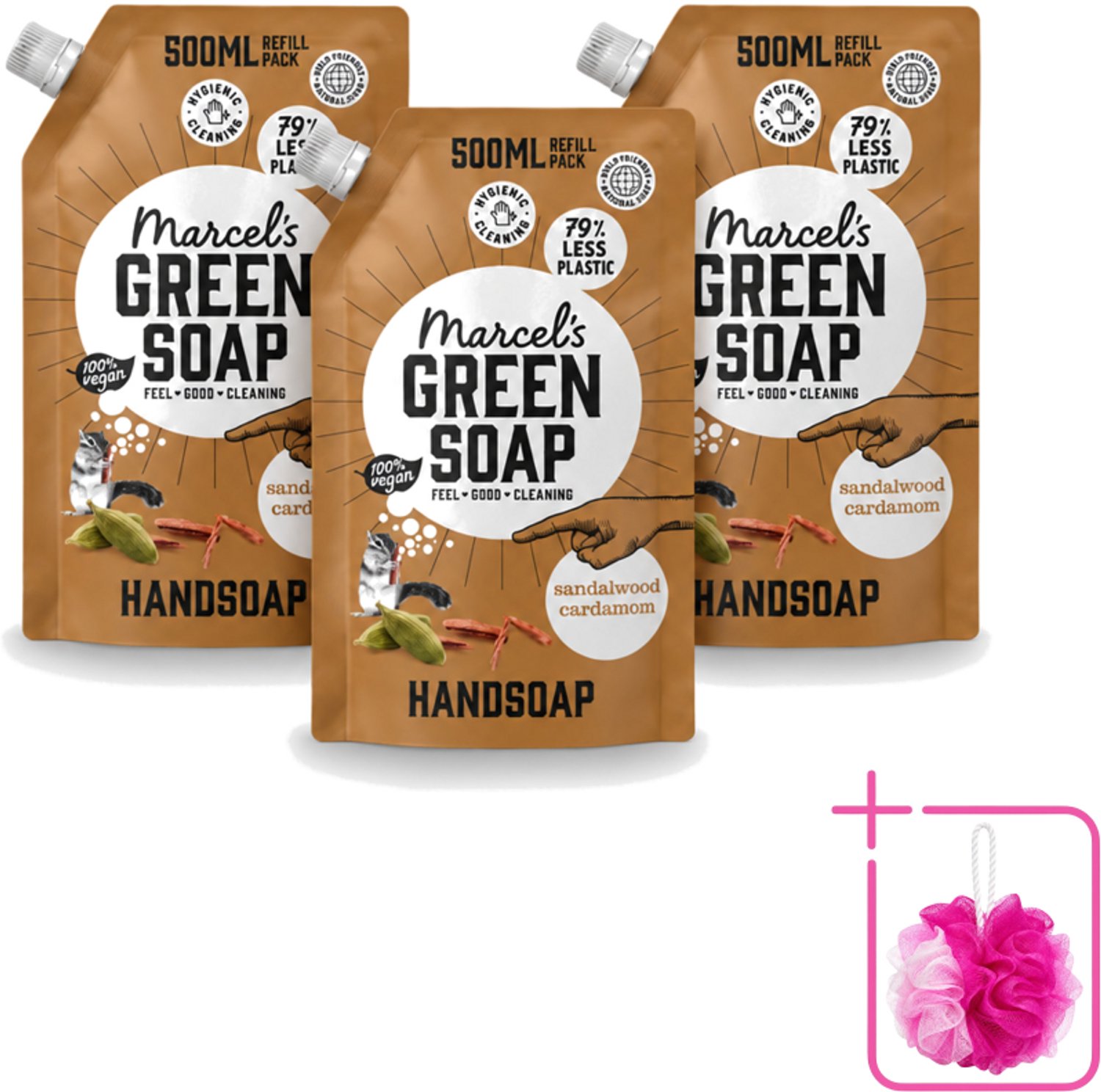 3 x Marcel’s Green Soap – Handzeep Navulling – Sandelhout & Kardemom – 500 ml - Bulkverpakking - Handzeep navulling - Douchemop - Sandelhout en kardemom