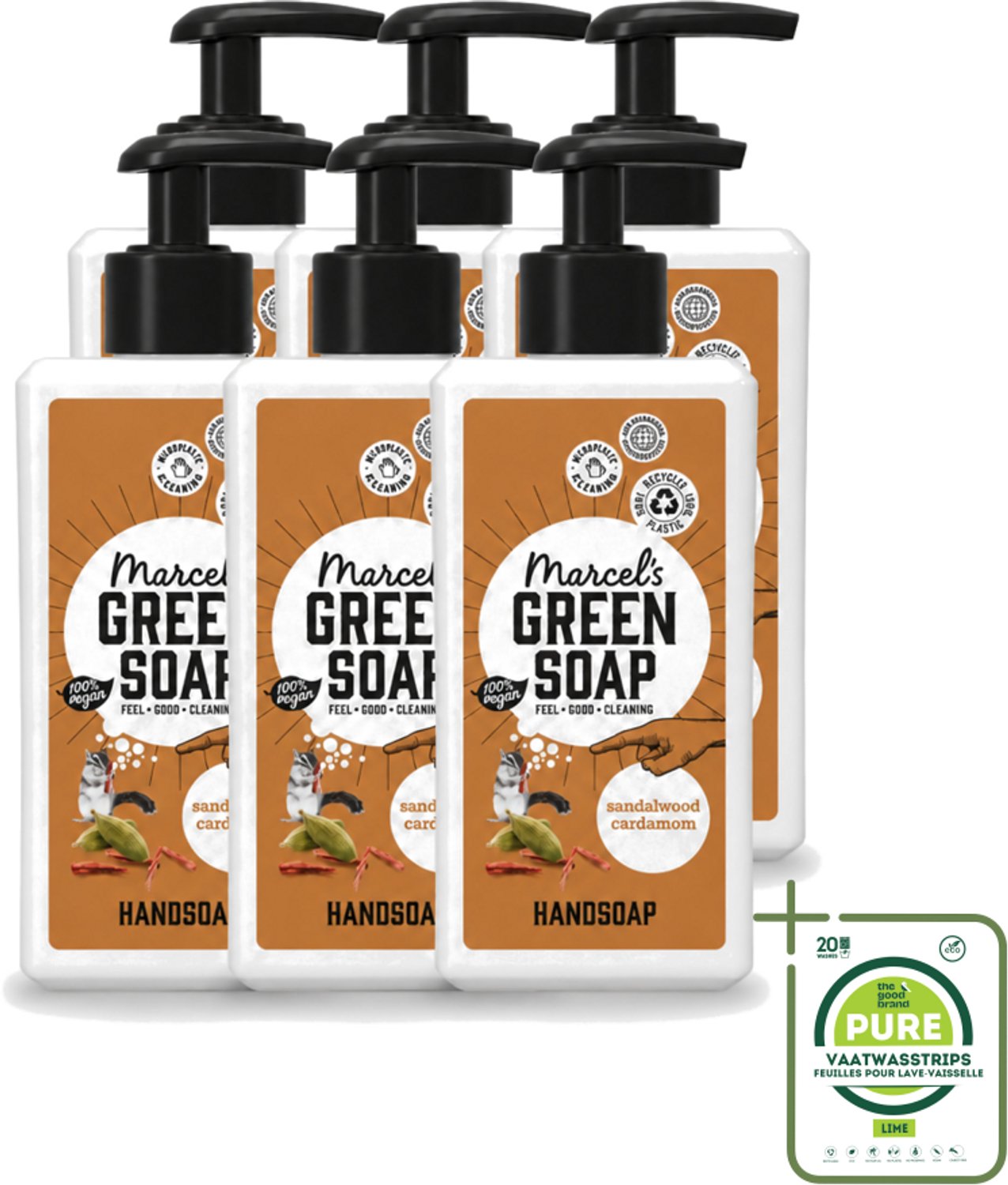 6 x Marcel’s Green Soap – Handzeep – Sandelhout & Kardemom – 250 ml - Grootverpakking - Vaatwasstrips - Handzeep - Natuurlijke Handzeep - Handzeep Met Geur - Handzeep Sandelhout - Handzeep Lavendel
