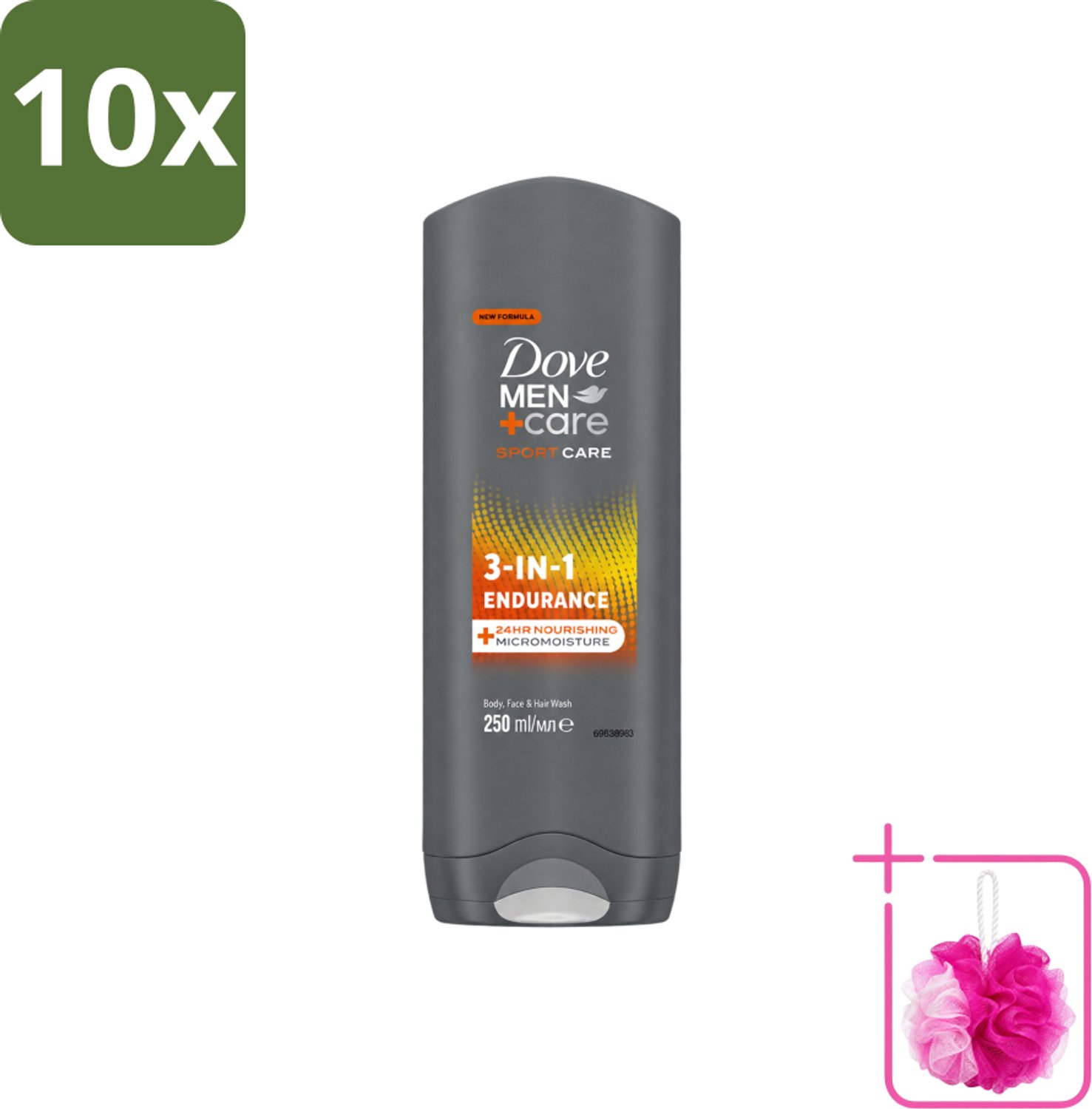 10 x Dove Men+Care 3-in-1 Douchegel - Sport - 250 ml - Bulkverpakking - Sportverzorging - Douchemop - Lichaamverzorging