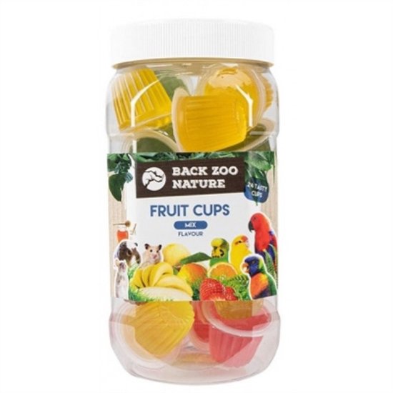 Pot met Back Zoo Nature Fruit Cups met diverse fruitillustraties, hamsters en kleurrijke vogels op het etiket.