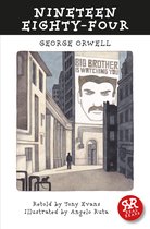 Boekomslag van Nineteen Eighty-Four met een illustratie van een man in een stad met een poster 'Big Brother is watching you'.