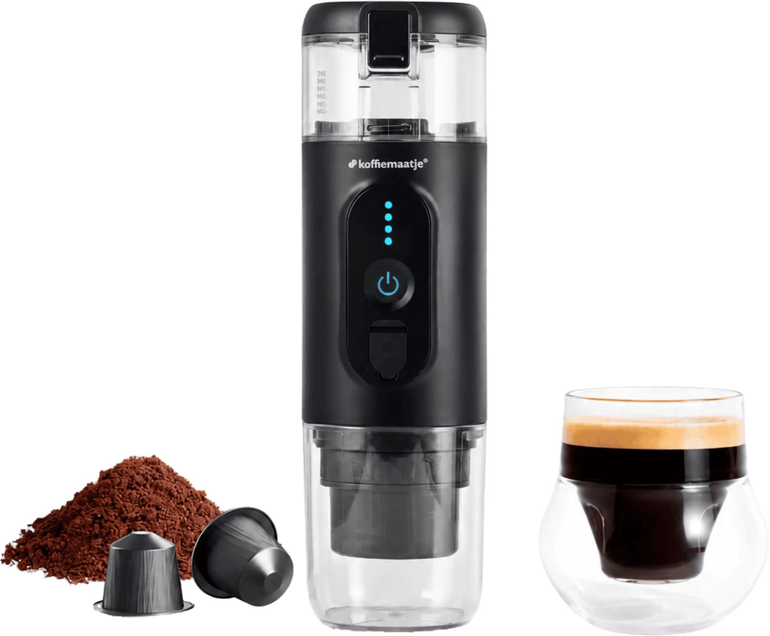 Koffiemaatje 125ml Draagbare Koffiemachine Zwart | 18 Bar | Oplaadbaar | Verwarmt Water | Nespresso Compatible Cups & Gemalen Koffie | USB Oplaadbaar | 12V & 220V | Espresso | Lungo | Ristretto | Geïntegreerd Kopje