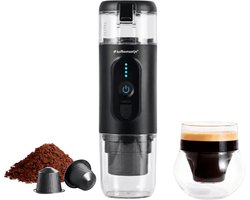 Koffiemaatje 125ml Draagbare Koffiemachine Zwart | 18 Bar | Oplaadbaar | Verwarmt Water | Nespresso Compatible Cups & Gemalen Koffie | USB Oplaadbaar | 12V & 220V | Espresso | Lungo | Ristretto | Geïntegreerd Kopje
