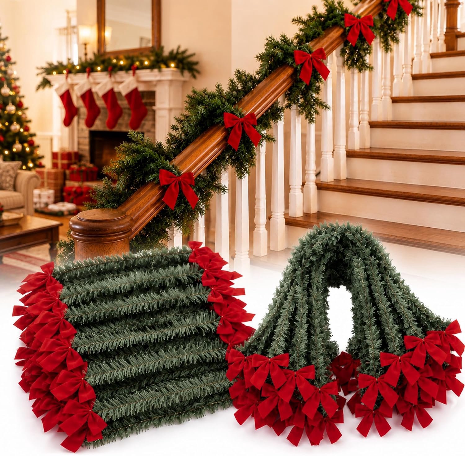 Kerstslinger - 30 Kerst-Bevestigingsbinders met Rode Strik - Kerstguirlande - Ca. 50 cm - Herbruikbaar - Feestelijk - Voor Trapleuningen, Kransen, Slingers & Cadeauverpakking - Kerstdecoratie voor binnen