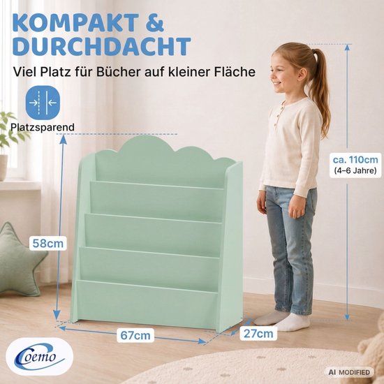 Coemo Speelgoedkist & Boekenrek Mintgroen CLOUDY 58x27x67 cm – Opbergkist met Wolkdesign, Stevige MDF-Constructie, Afgeronde Hoeken, Kinderkamermeubel — afbeelding 2