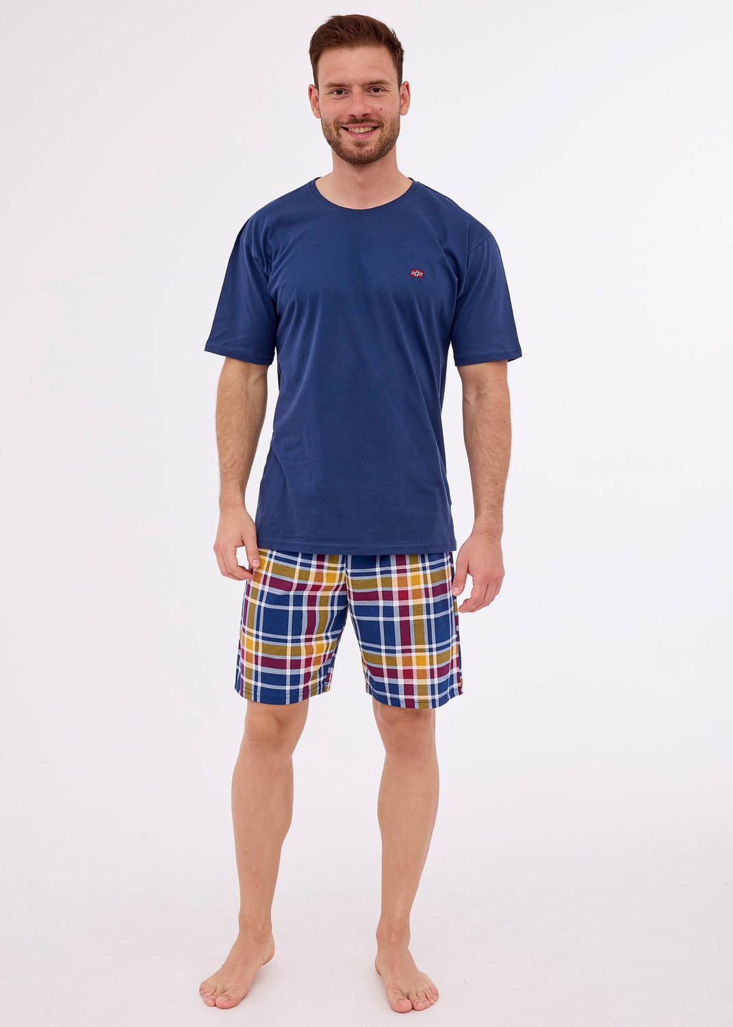 Cornette Heren Pyjama 326/265 Flag Blauw Geel Geruit Katoen Maat S