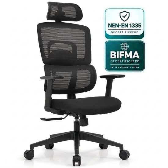 Zwarte ergonomische bureaustoel met mesh rugleuning, hoofdsteun en NEN-EN 1335 en BIFMA certificeringen.