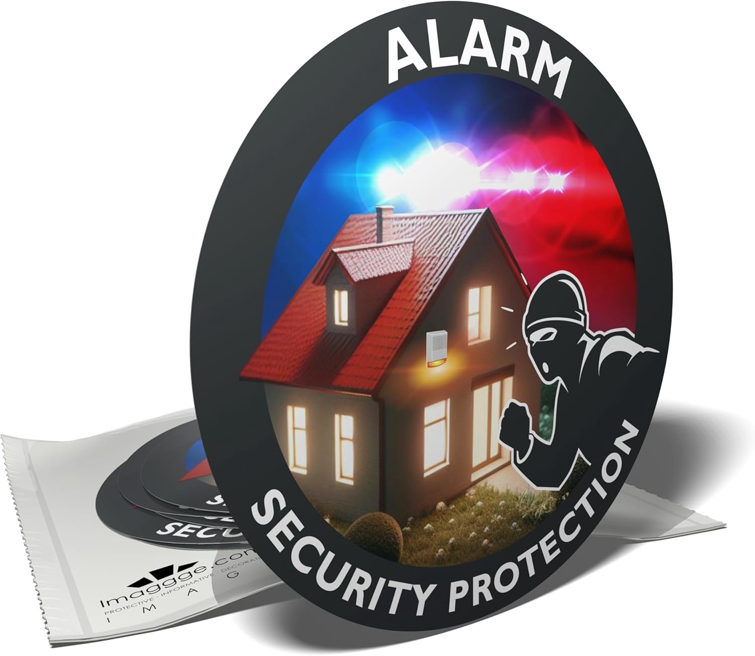 Deterrent stickers against burglars – house protected by alarm (police)–6 round stickers – 9,5 cm - ShopVlot