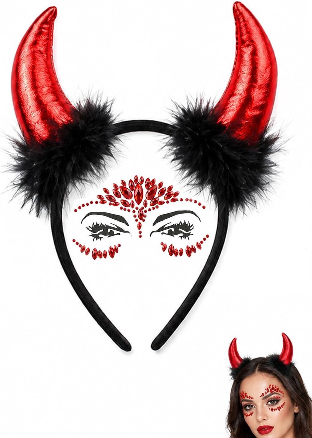 Set van Demon Hoorns met Stabiliteit, Inclusief Unicorn Haarband en Vuurrode Gezichts Sticker voor Halloween Kostuums en Feestelijke Carnavalslooks
