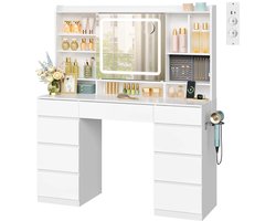 Niamora - Make-up tafel - Beautytafel - Vanity table - Kaptafel met verlichting - 9 laden en schuifspiegel - LED-verlichting.