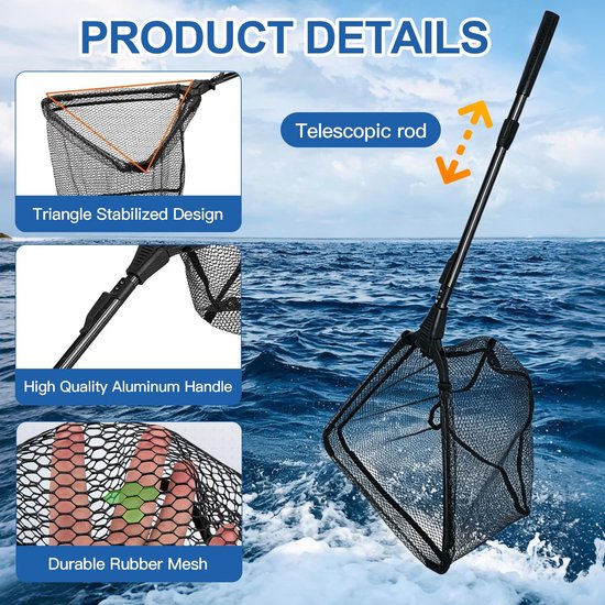 Schepnet voor vissen, opvouwbaar, rubber, telescopisch schepnet 90 cm, visschepnet, visschepnet, waterschepnet voor - ShopVlot — afbeelding 3
