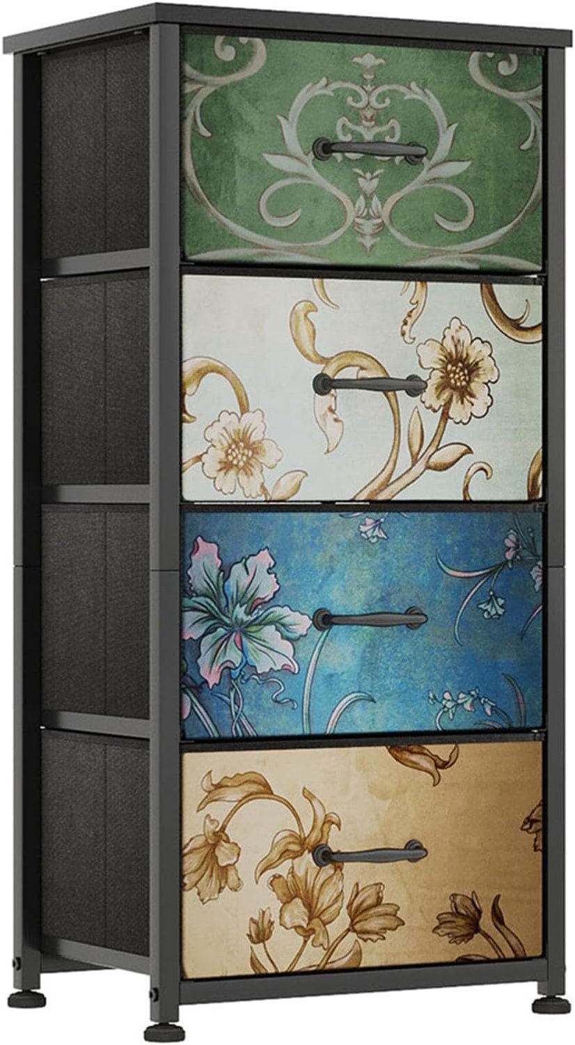 SnelShoppen - Chest of Drawers met 4 Lades, Hoge Ladekast, Stoffen Opbergkast, Smal en Hoog Houten Bovenblad, Vintage Patroon voor Slaapkamer, Woonkam