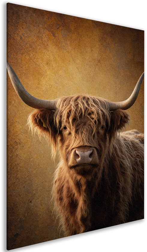 Zijaanzicht van een canvas schilderij met een portret van een bruine Schotse hooglander.