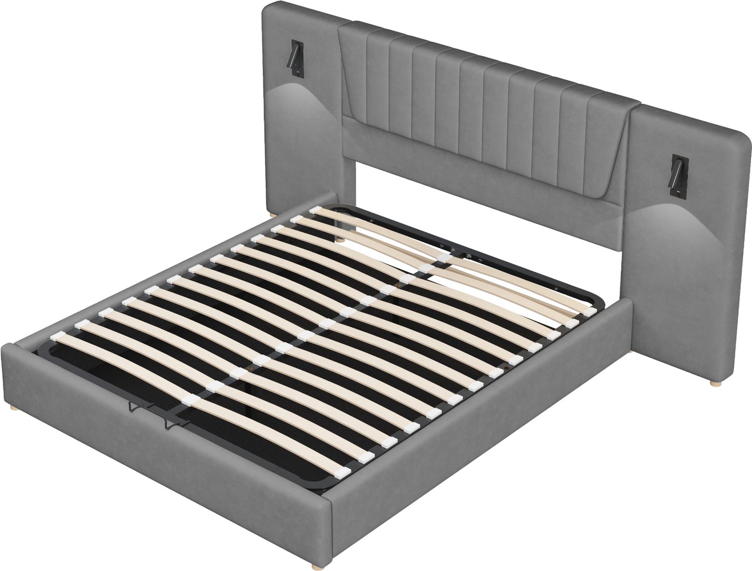MUVANO Gestoffeerd bed 180 x 200 cm - grijs fluwelen bed met extra breed hoofdbord, verstelbare leeslampjes, USB-aansluiting en hydraulische opbergruimte