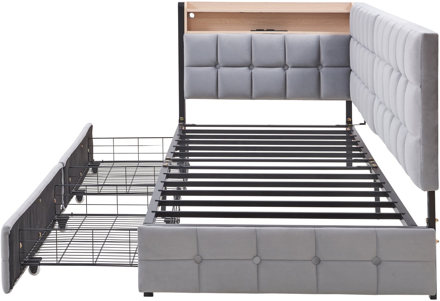 MUVANO Grijze fluwelen slaapbank 90x200 - gestoffeerd eenpersoonsbed met twee lades, ledverlichting, USB en USB-C, metalen frame voor kleine ruimtes Grijs