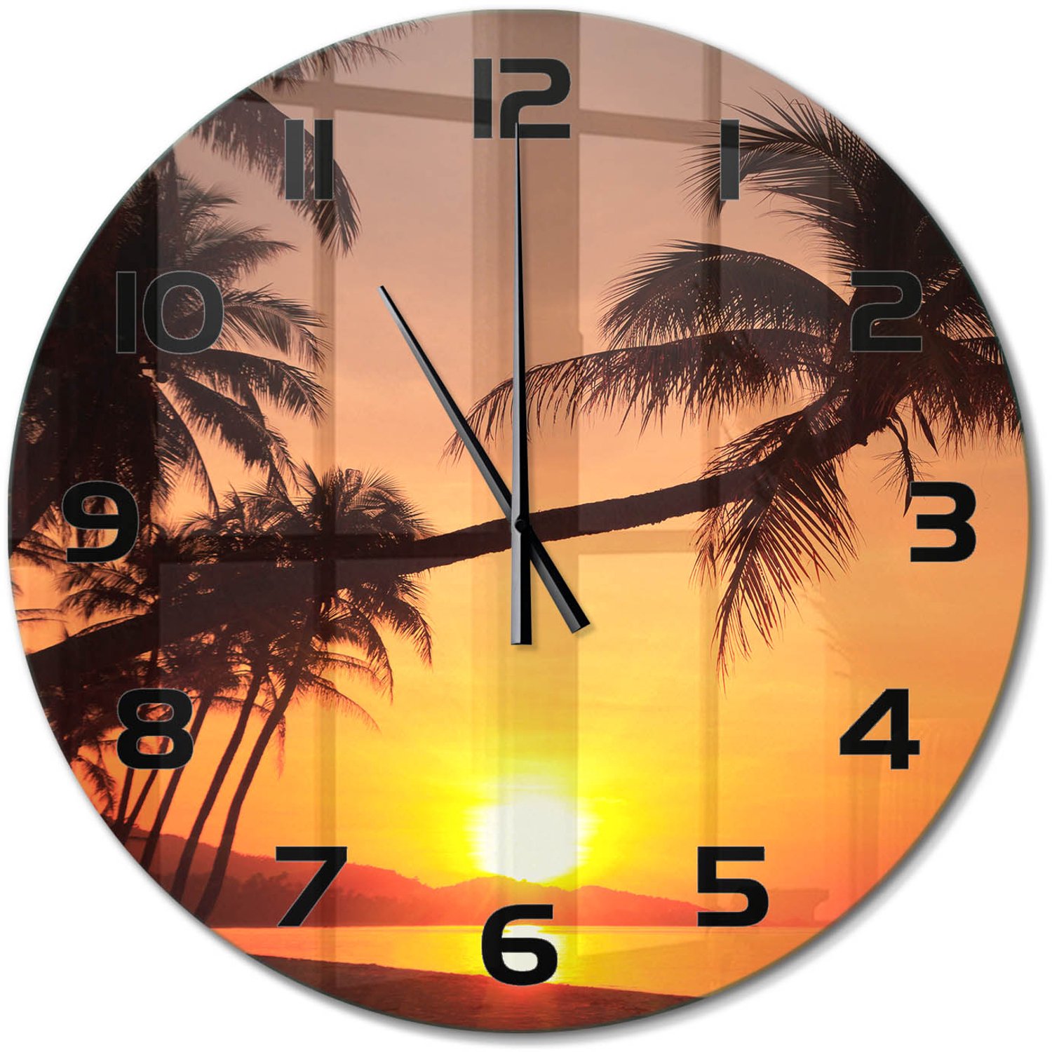 TULUP Wandklok - Zonsondergangstrand Wandklok Glas Decoratie - fi60 cm - Oranje Gekleurde Glazen Klok - Zwarte handen - Ronde Klok - Klok Glas Met Opdruk - Moderne Wandklok Glas
