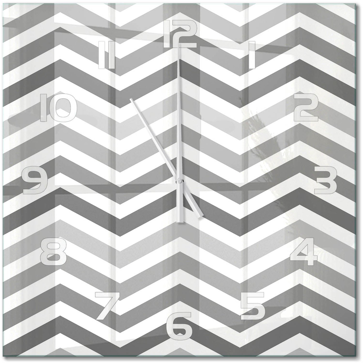 TULUP Wandklok - Grijze zigzag Moderne Wandklok Glas - 60x60 cm - Grijs Wandklok Glas Decoratie - Witte handen - Vierkante Klok - Glazen Wandklok Design - Klok Glas Met Opdruk