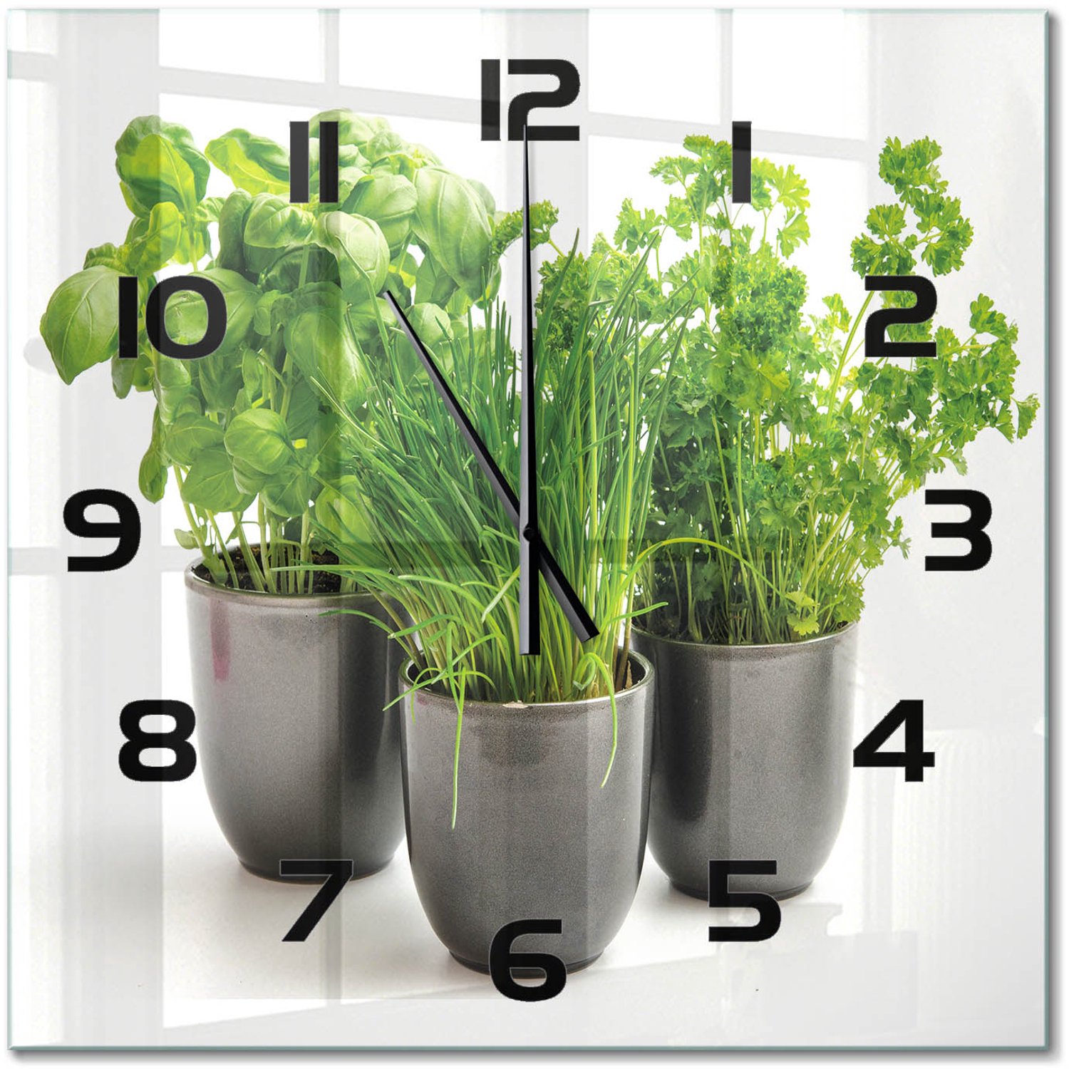TULUP Wandklok - Kruiden in potten Gekleurde Glazen Klok - 60x60 cm - Groente Glazen Klok Met Print - Zwarte handen - Vierkante Klok - Moderne Wandklok Glas - Wandklok Glas Decoratie