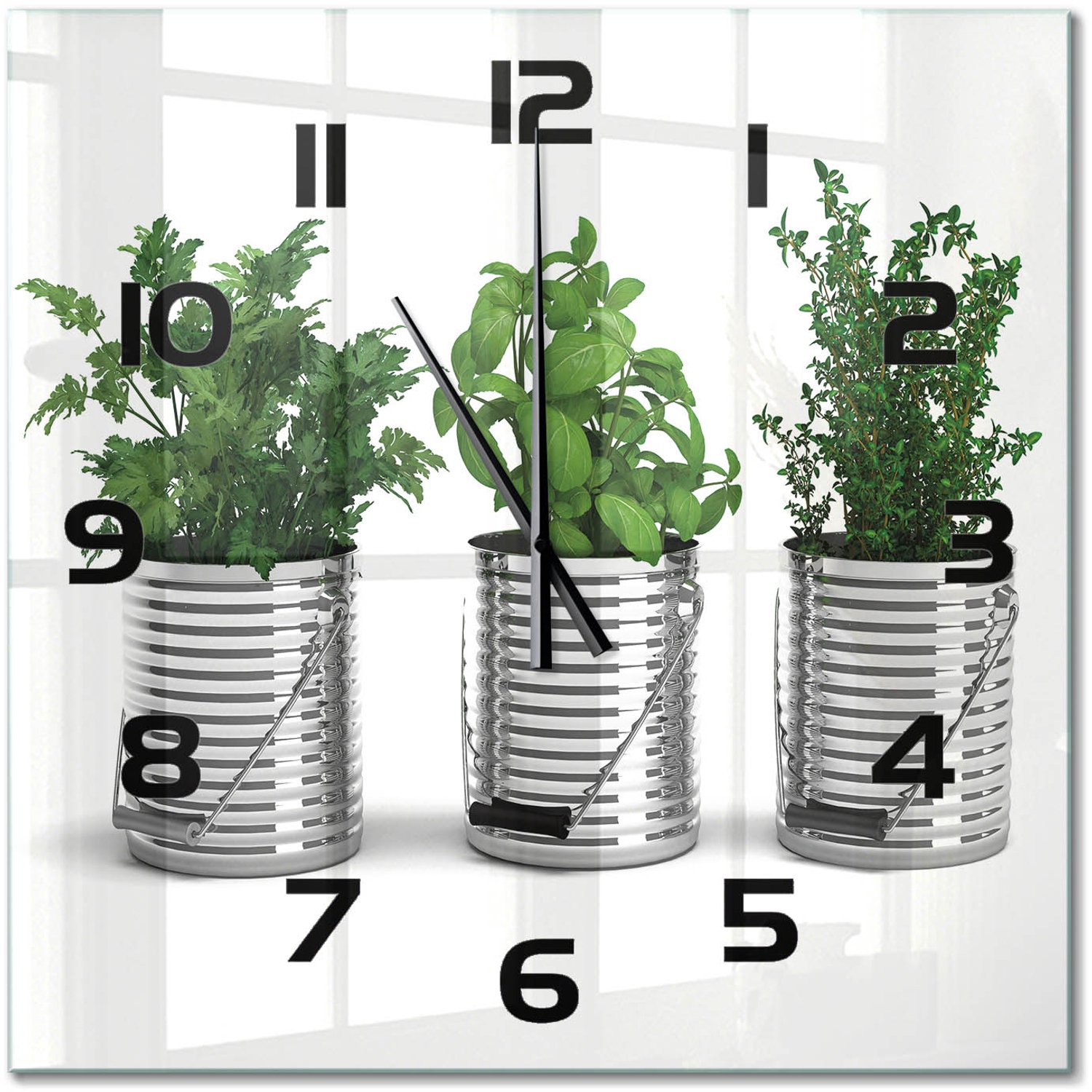 TULUP Wandklok - Aromatische planten Wandklok Glas Decoratie - 60x60 cm - Groente Gekleurde Glazen Klok - Zwarte handen - Vierkante Klok - Klok Glas Met Opdruk - Moderne Wandklok Glas