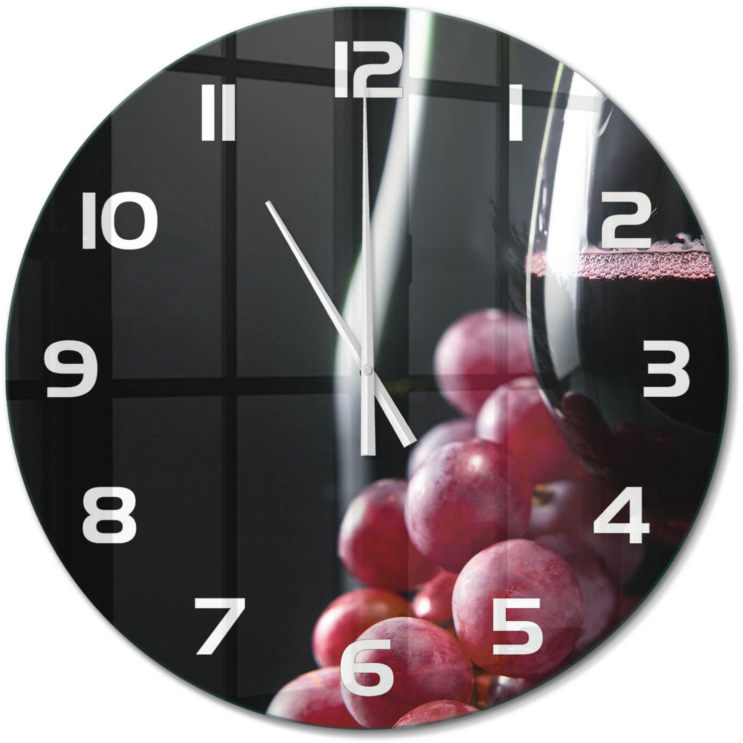 TULUP Wandklok - Druiven en wijn Wandklok Glas Met Motief - fi60 cm - Rood Decoratieve Glazen Klok - Witte handen - Ronde Klok - Gekleurde Glazen Klok - Glazen Klok Met Print