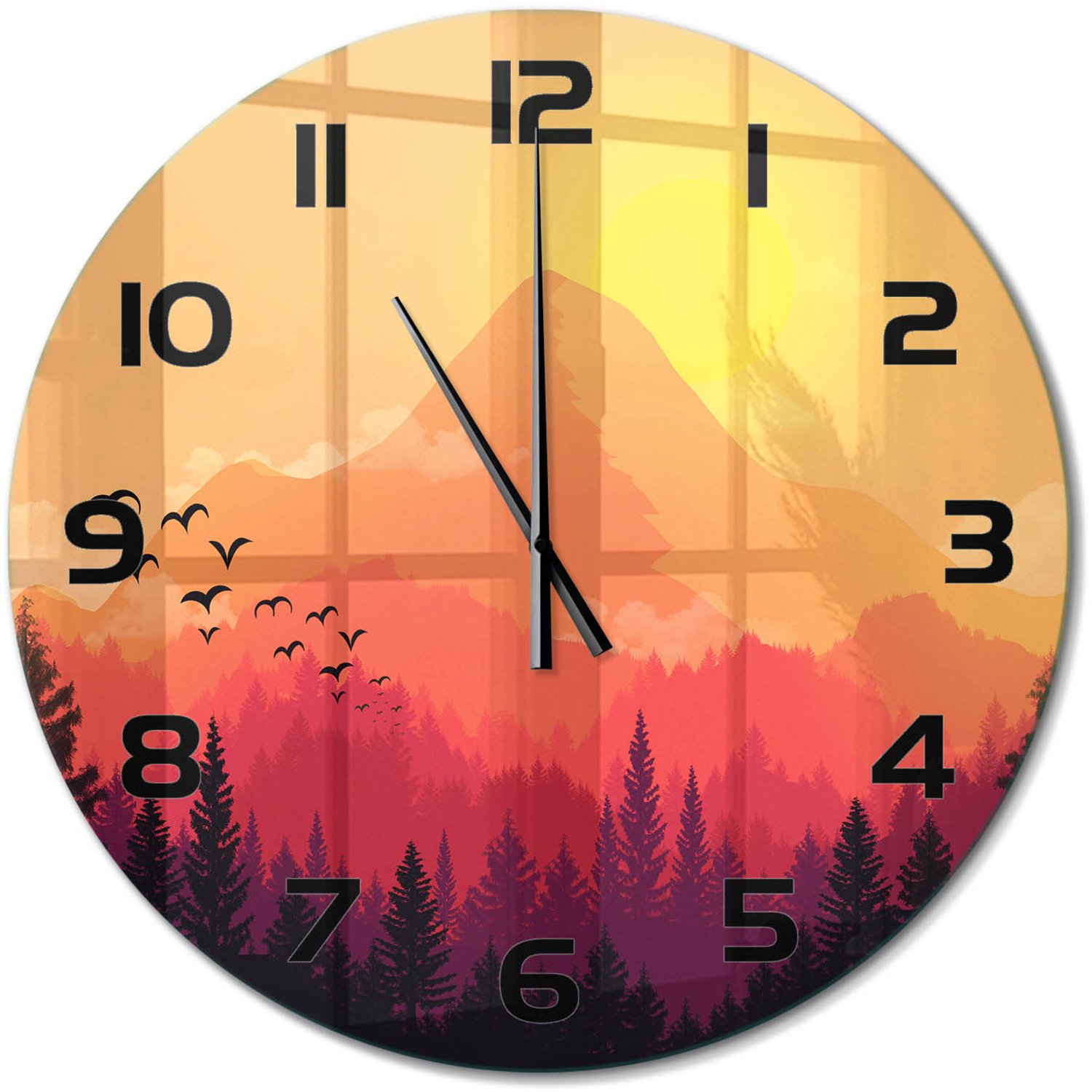TULUP Wandklok - Berglandschap Decoratieve Glazen Klok - fi60 cm - Oranje Glazen Wandklok Design - Zwarte handen - Ronde Klok - Glazen Klok Met Print - Wandklok Glas Met Motief