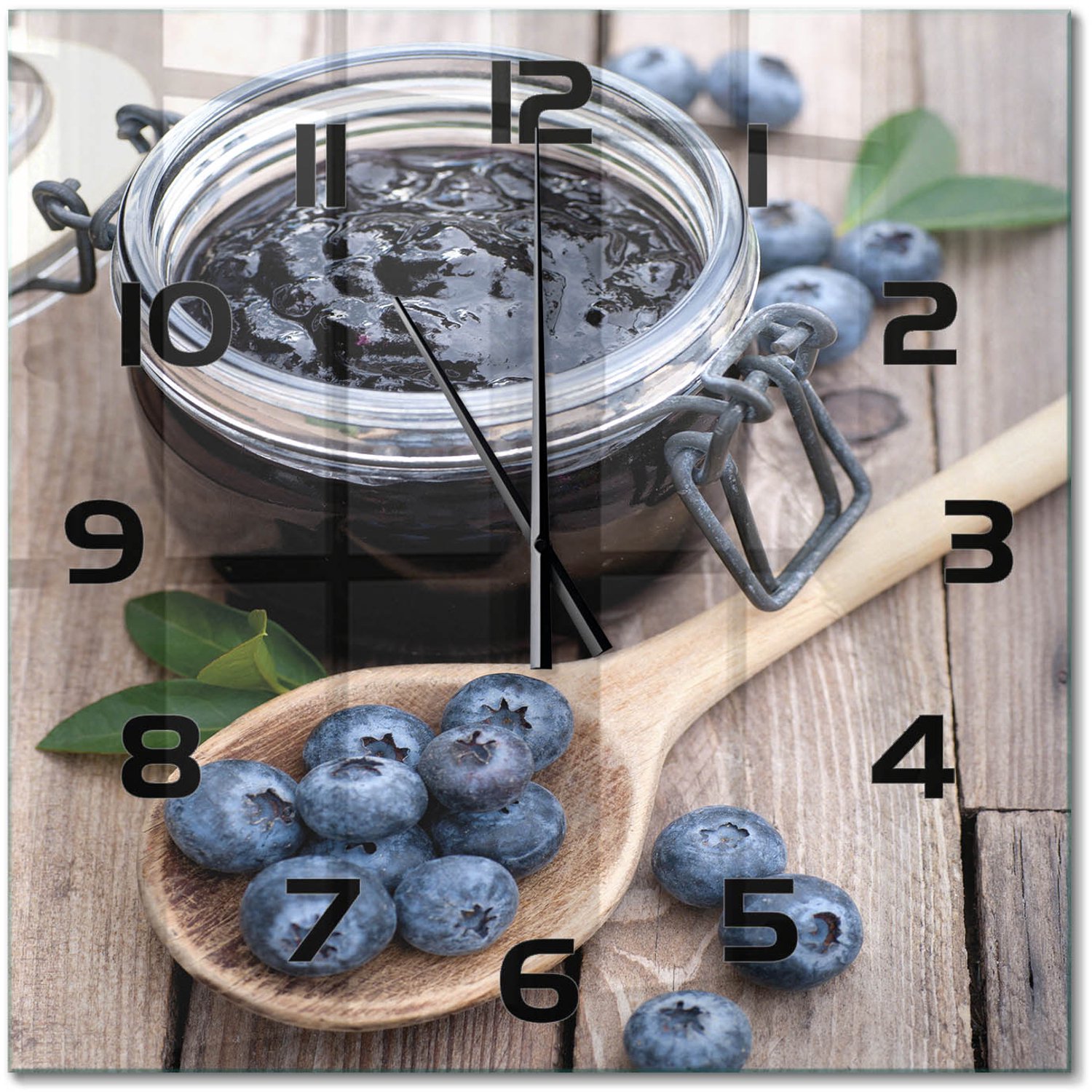 TULUP Wandklok - Bosbessenjam Glazen Klok Met Print - 60x60 cm - Blauw Wandklok Glas Met Motief - Zwarte handen - Vierkante Klok - Wandklok Glas Decoratie - Gekleurde Glazen Klok