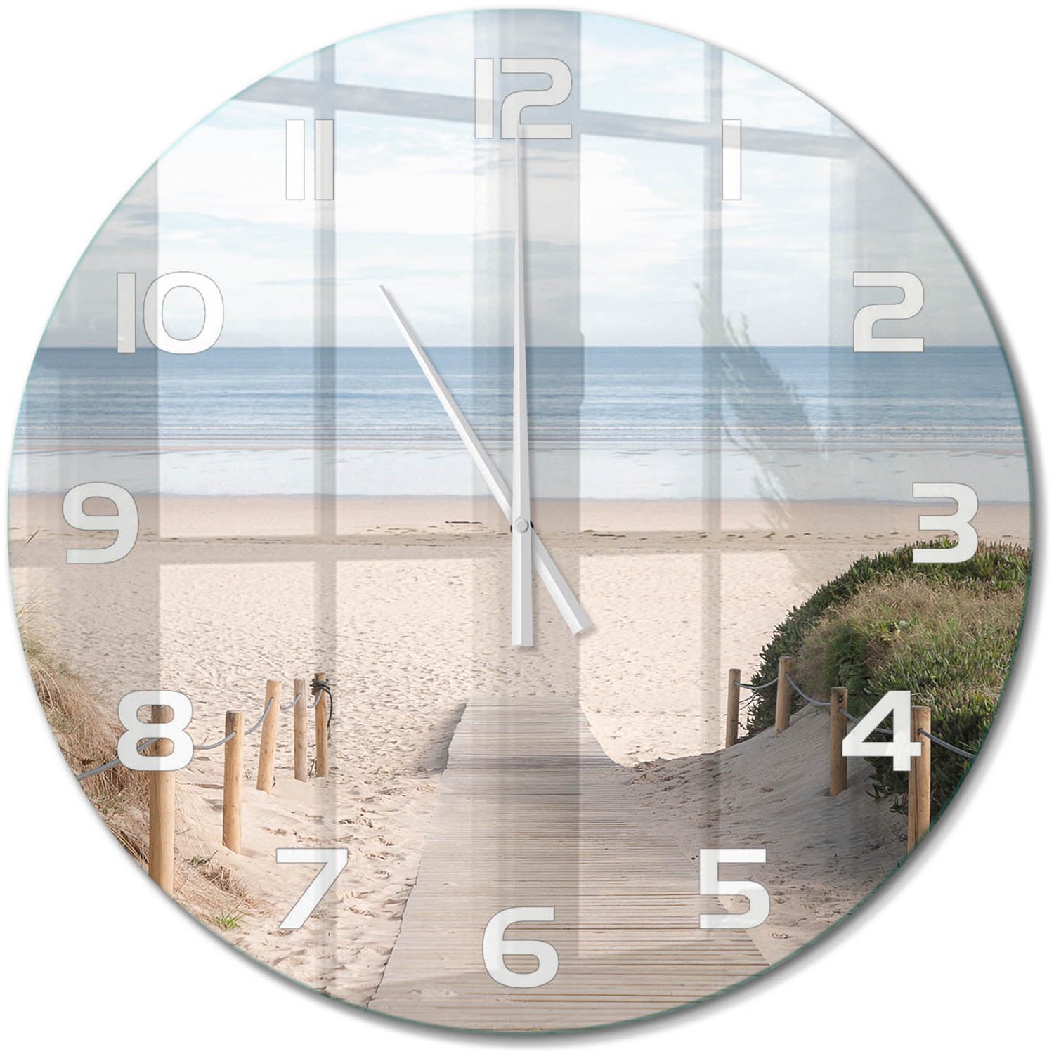 TULUP Wandklok - De weg naar het strand Wandklok Glas Met Motief - fi60 cm - Beige Decoratieve Glazen Klok - Witte handen - Ronde Klok - Gekleurde Glazen Klok - Glazen Klok Met Print