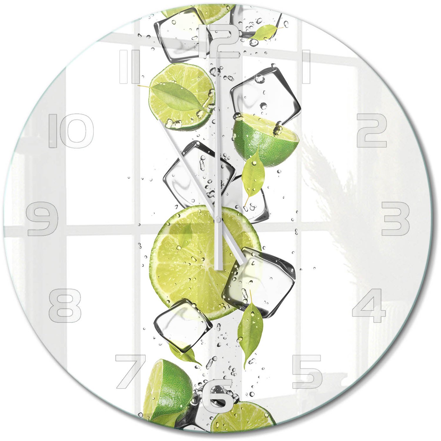 TULUP Wandklok - Limoen met ijs Glazen Klok Met Print - fi60 cm - Groente Wandklok Glas Met Motief - Witte handen - Ronde Klok - Wandklok Glas Decoratie - Gekleurde Glazen Klok