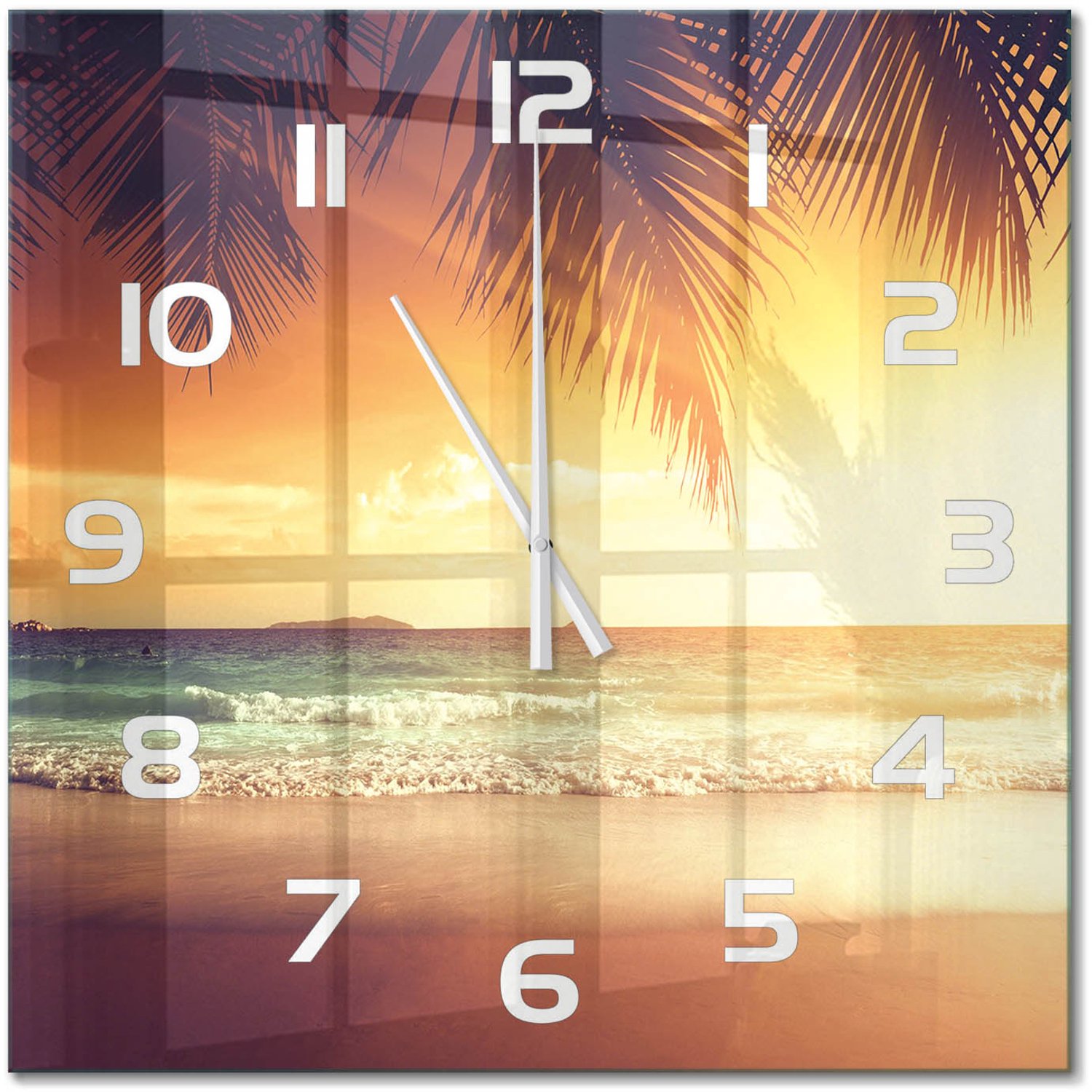 TULUP Wandklok - Tropisch strand Glazen Wandklok Design - 60x60 cm - Oranje Klok Glas Met Opdruk - Witte handen - Vierkante Klok - Wandklok Glas Met Motief - Decoratieve Glazen Klok