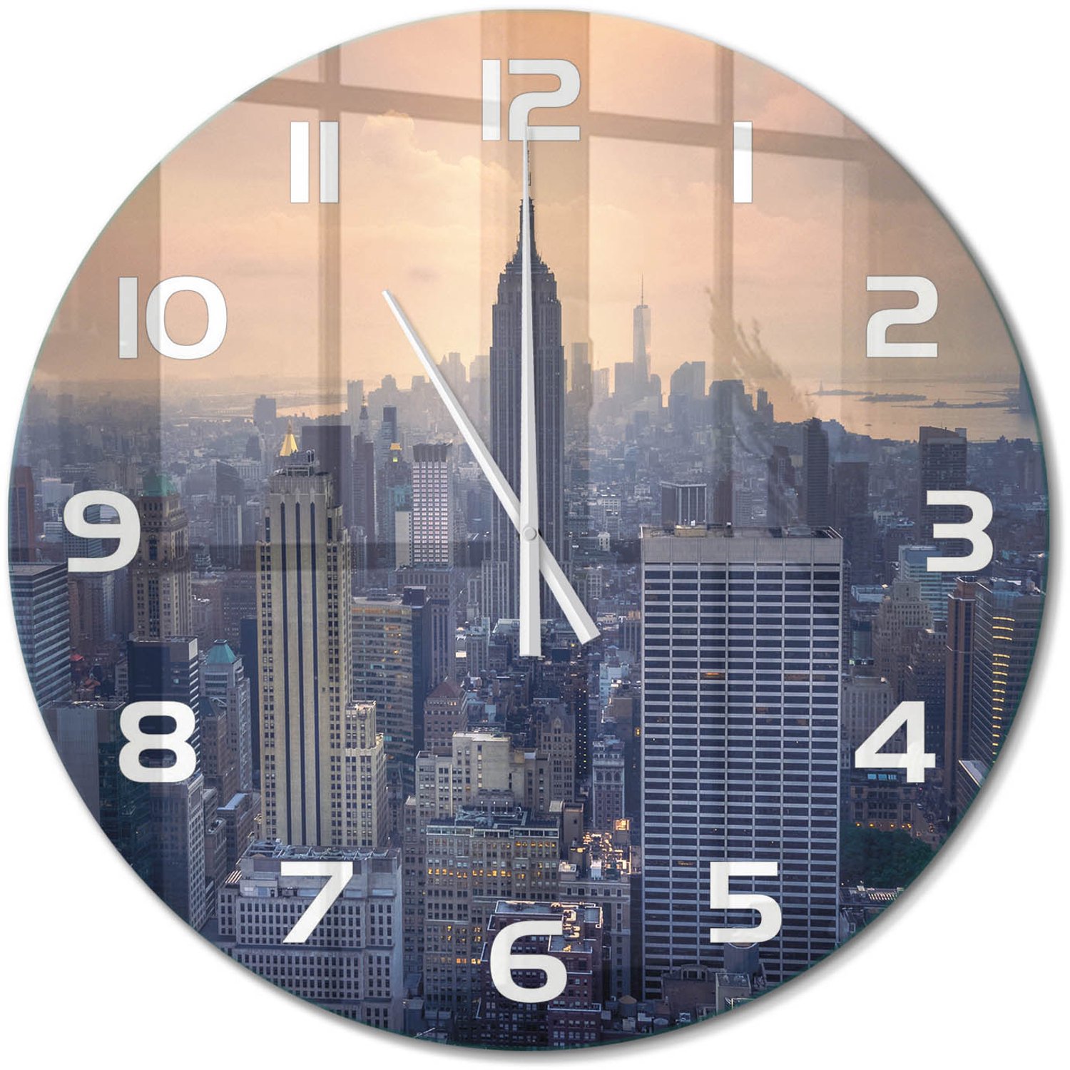 TULUP Wandklok - Manhattan, New York Gekleurde Glazen Klok - fi60 cm - Grijs Glazen Klok Met Print - Witte handen - Ronde Klok - Moderne Wandklok Glas - Wandklok Glas Decoratie
