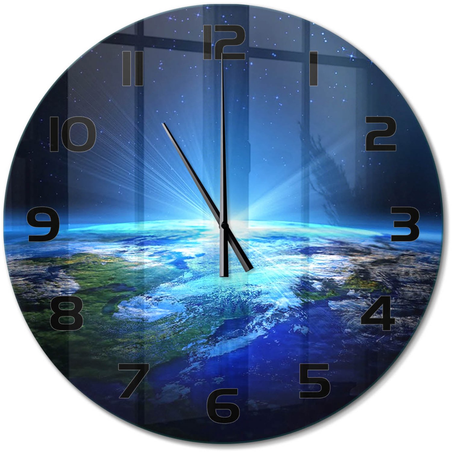 TULUP Wandklok - Planeet Aarde Wandklok Glas Decoratie - fi60 cm - Blauw Gekleurde Glazen Klok - Zwarte handen - Ronde Klok - Klok Glas Met Opdruk - Moderne Wandklok Glas
