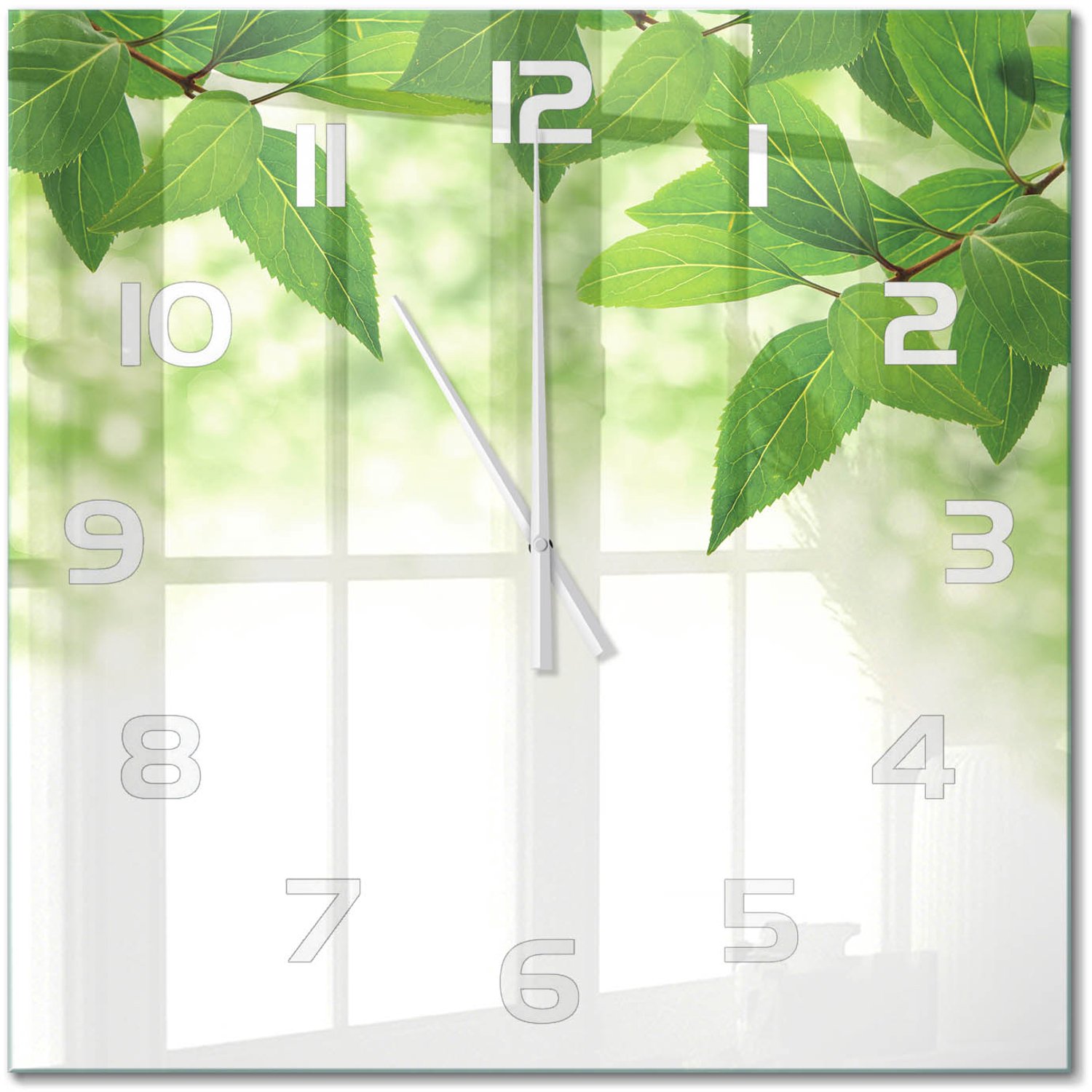 TULUP Wandklok - Groene bladeren Wandklok Glas Decoratie - 60x60 cm - Groente Gekleurde Glazen Klok - Witte handen - Vierkante Klok - Klok Glas Met Opdruk - Moderne Wandklok Glas