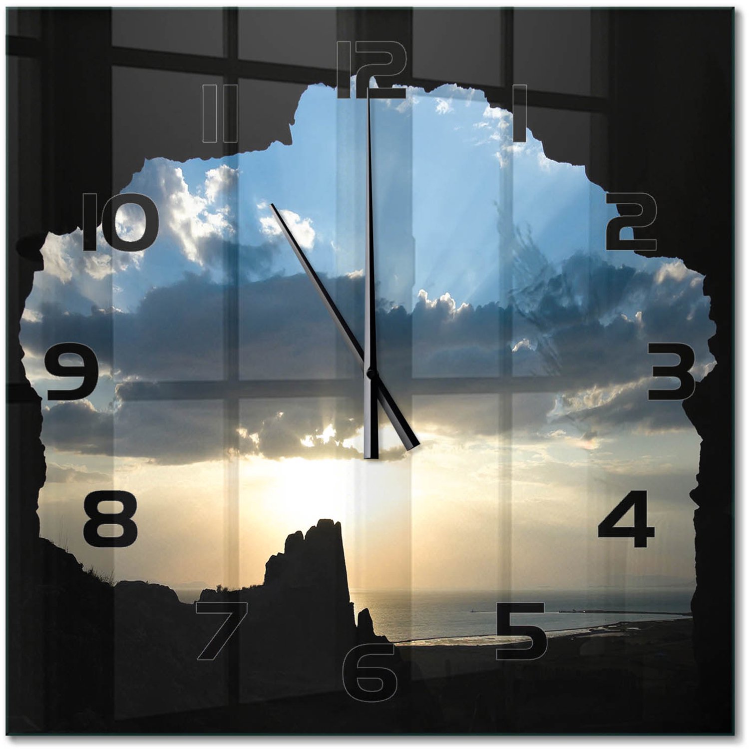 TULUP Wandklok - Zonsondergang Wandklok Glas Met Motief - 60x60 cm - Blauw Decoratieve Glazen Klok - Zwarte handen - Vierkante Klok - Gekleurde Glazen Klok - Glazen Klok Met Print