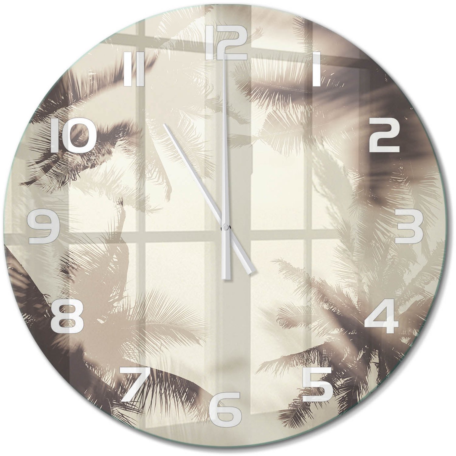 TULUP Wandklok - Palmbomen Wandklok Glas Met Motief - fi60 cm - Beige Decoratieve Glazen Klok - Witte handen - Ronde Klok - Gekleurde Glazen Klok - Glazen Klok Met Print