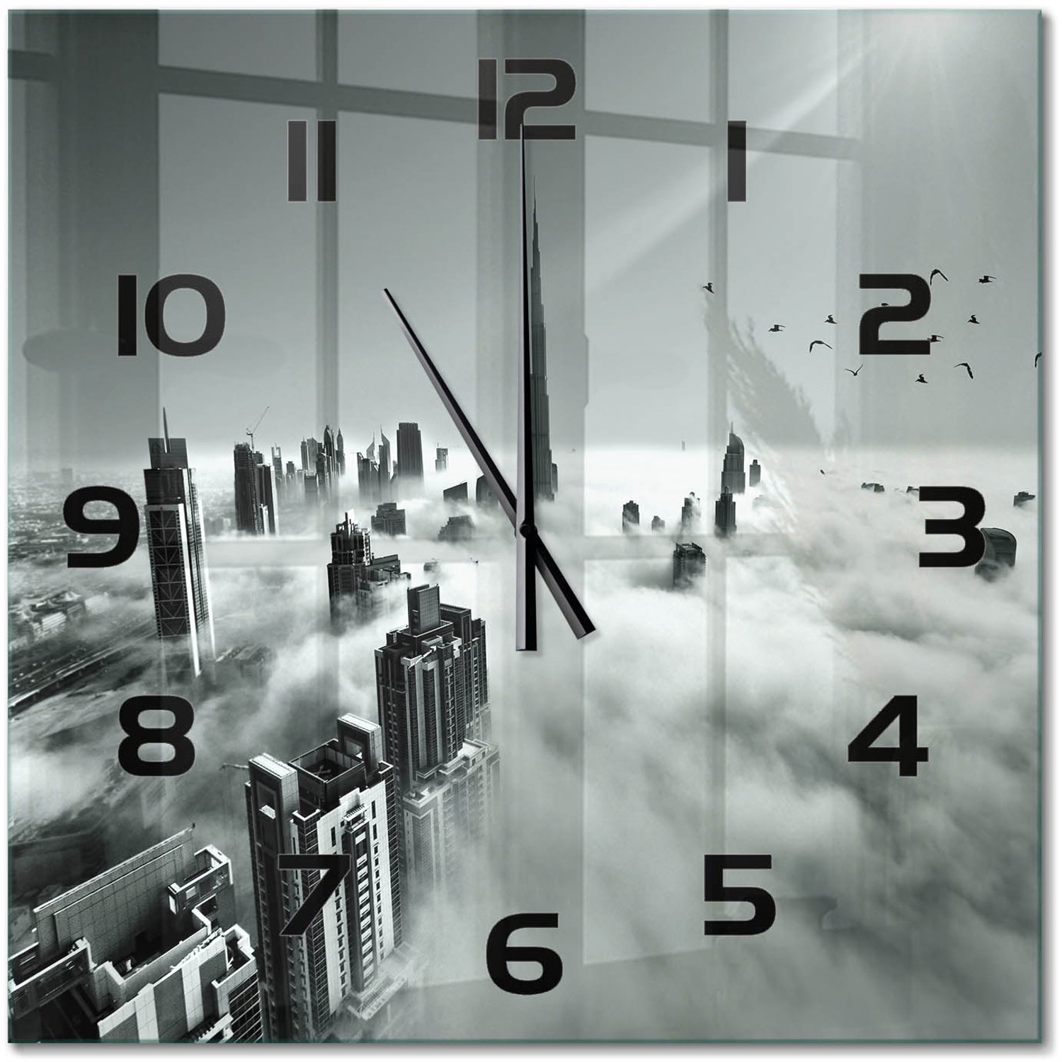 TULUP Wandklok - Mist boven Dubai Wandklok Glas Decoratie - 60x60 cm - Zwart-wit Gekleurde Glazen Klok - Zwarte handen - Vierkante Klok - Klok Glas Met Opdruk - Moderne Wandklok Glas