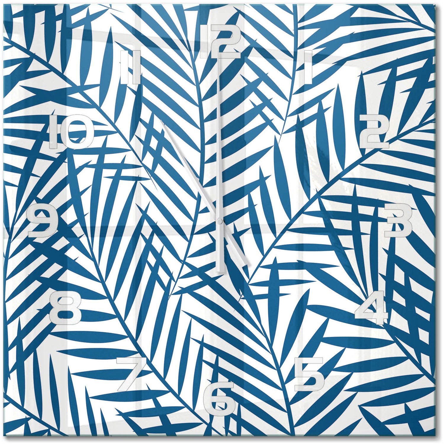 TULUP Wandklok - Palmbladeren Klok Glas Met Opdruk - 60x60 cm - Blauw Moderne Wandklok Glas - Witte handen - Vierkante Klok - Decoratieve Glazen Klok - Glazen Wandklok Design