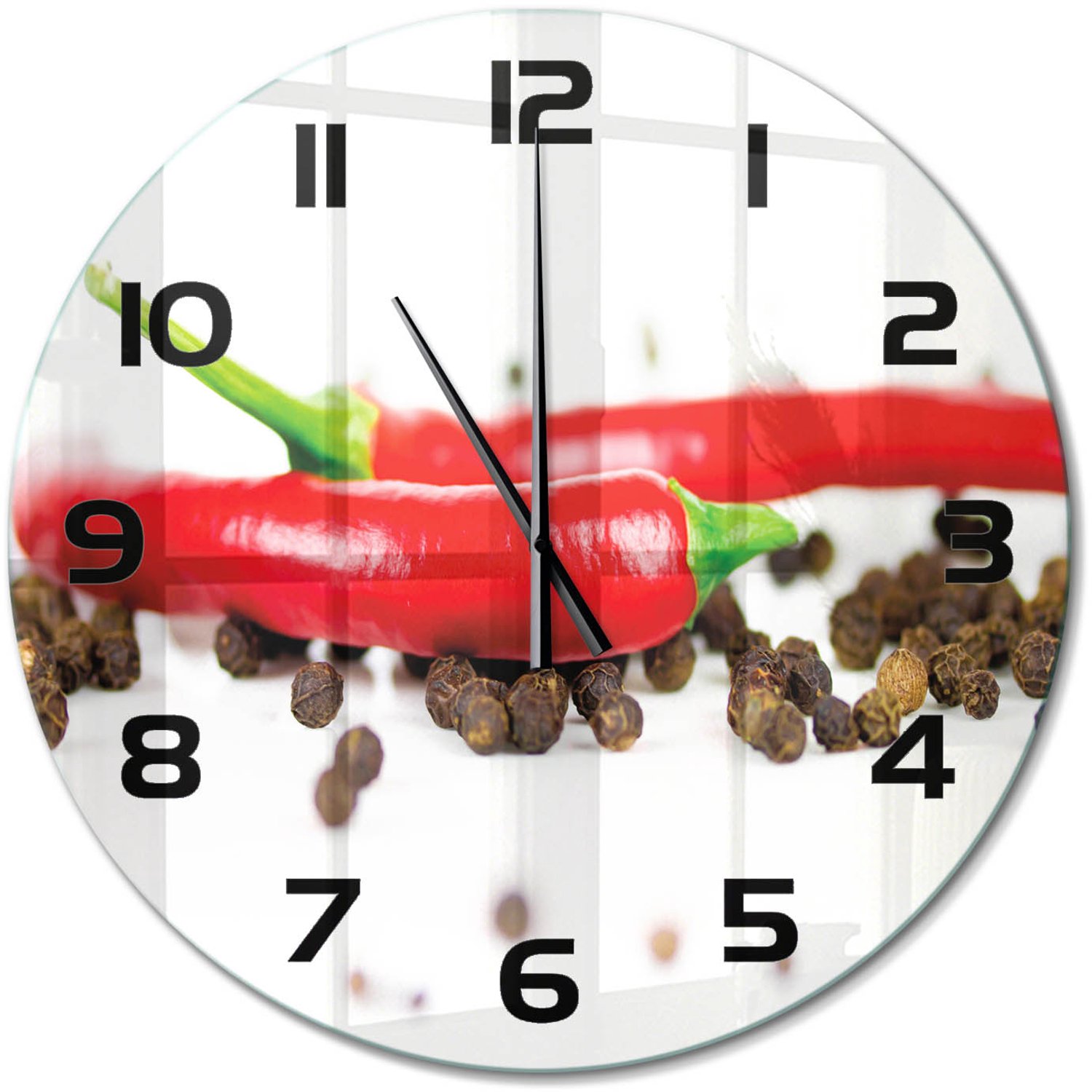 TULUP Wandklok - Chili en peper Wandklok Glas Met Motief - fi60 cm - Rood Decoratieve Glazen Klok - Zwarte handen - Ronde Klok - Gekleurde Glazen Klok - Glazen Klok Met Print