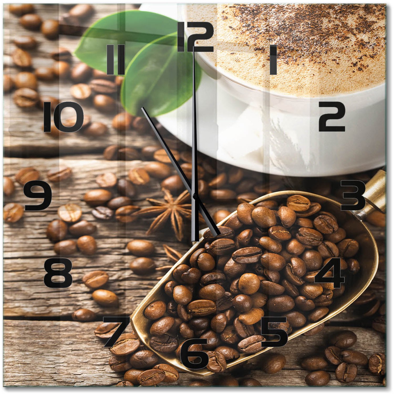 TULUP Wandklok - Koffie Glazen Wandklok Design - 60x60 cm - Bruin Klok Glas Met Opdruk - Zwarte handen - Vierkante Klok - Wandklok Glas Met Motief - Decoratieve Glazen Klok