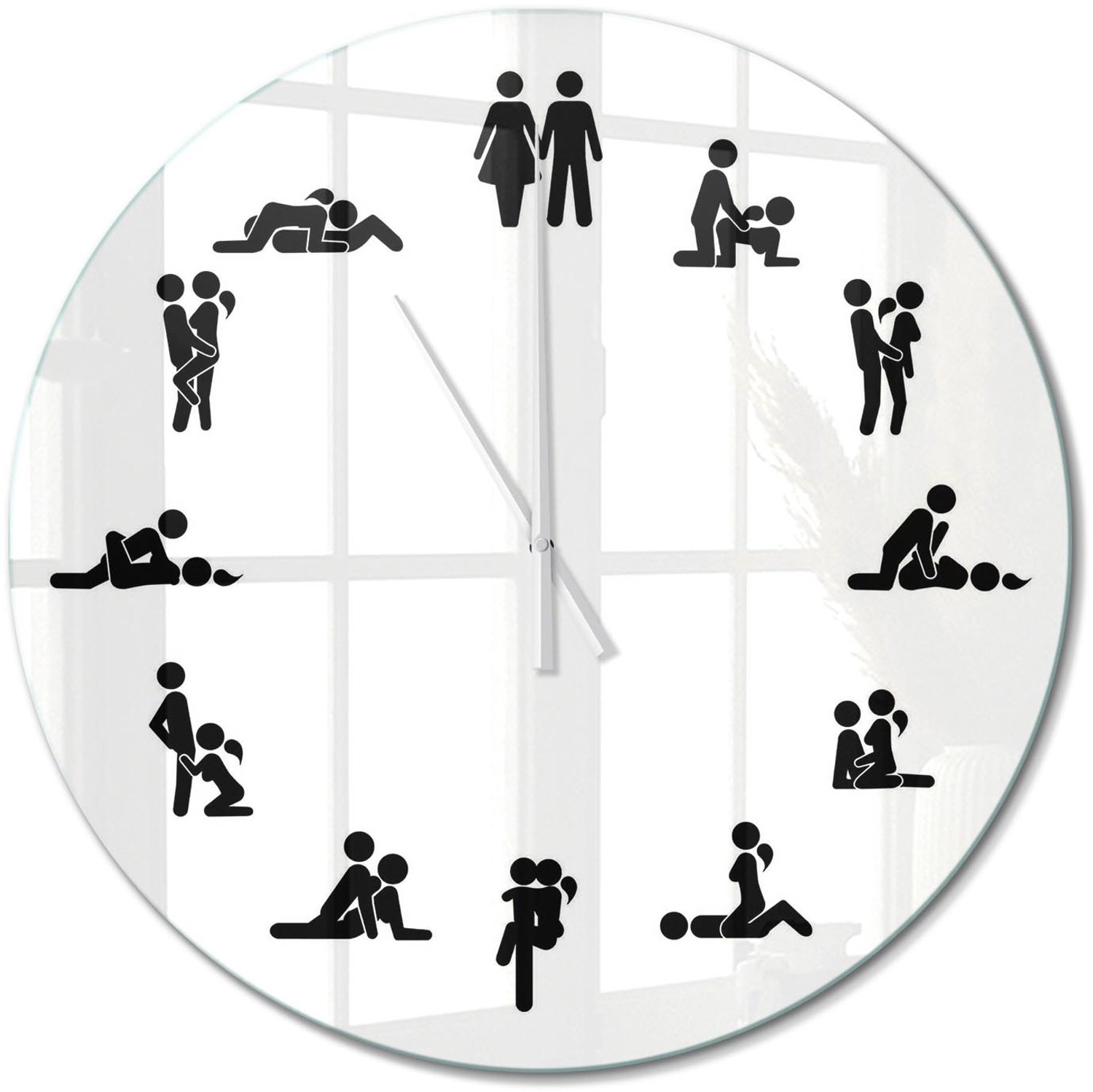 TULUP Wandklok - Kama Sutra Klok Glas Met Opdruk - fi60 cm - Wit Moderne Wandklok Glas - Witte handen - Ronde Klok - Decoratieve Glazen Klok - Glazen Wandklok Design