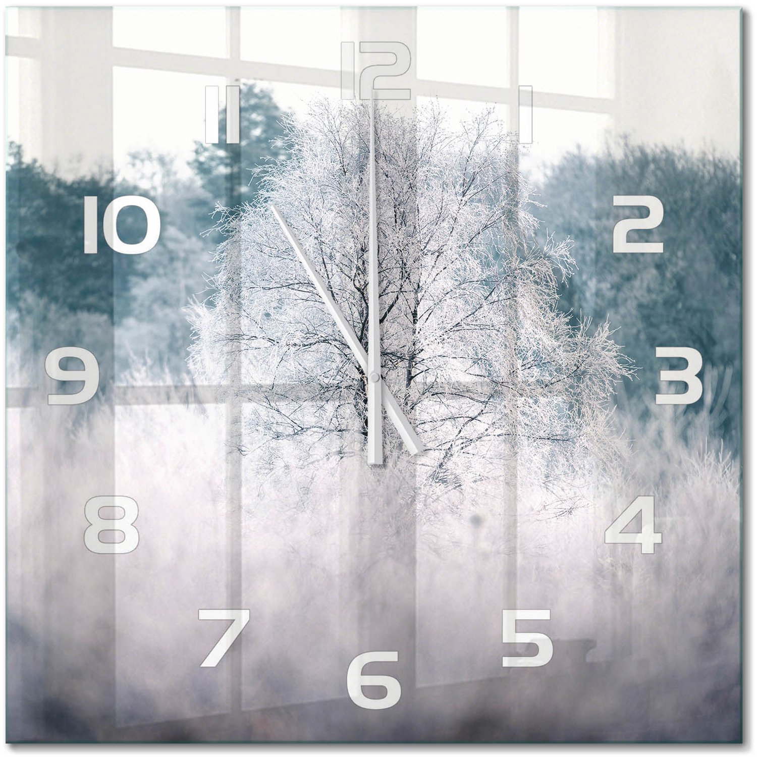 TULUP Wandklok - Winterbomen Klok Glas Met Opdruk - 60x60 cm - Grijs Moderne Wandklok Glas - Witte handen - Vierkante Klok - Decoratieve Glazen Klok - Glazen Wandklok Design