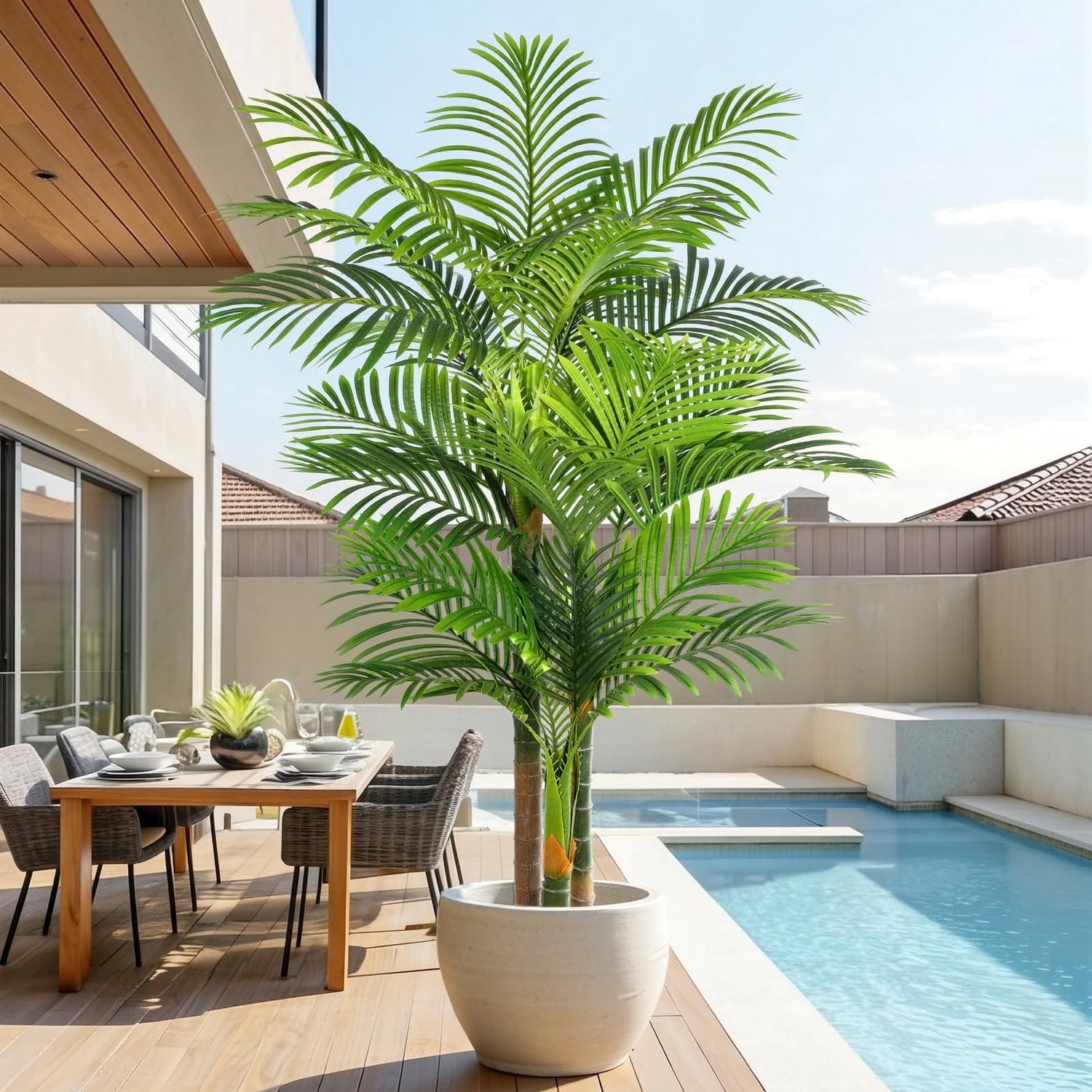 Famanu Kunstmatige gouden palm van 180 cm voor binnen en buiten, UV-bestendig kunstplant met realistische bladeren en bamboestammen, ideaal voor woonkamer, slaapkamer, kantoor en tuin decoratie (1 stuk