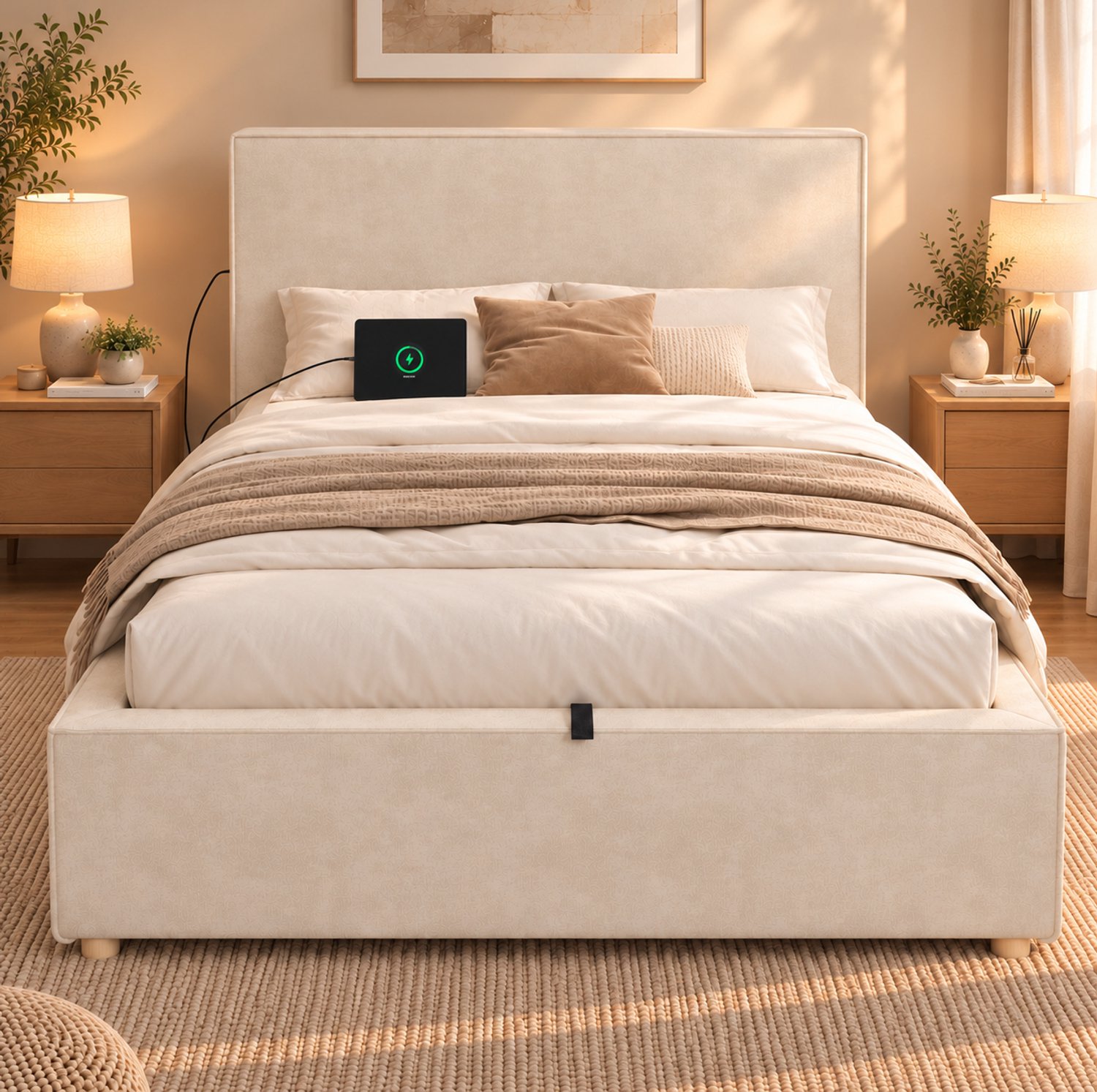 HAUSS SPOLE Gestoffeerd Bed 90x200 cm - Eenpersoonsbed met Hydraulische Opbergruimte - Met Lattenbodem - Zonder Matras - Chenille - Beige
